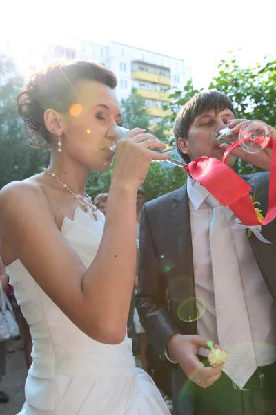 Gelin ve damat şampanya ile — Stok fotoğraf