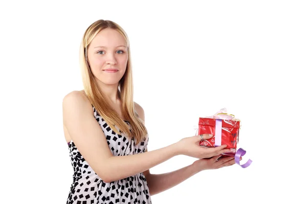 Girl with a gift in her hands — Stock Photo, Image