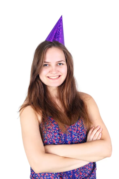 Menina no boné de aniversário — Fotografia de Stock