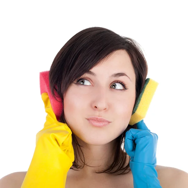 Dziewczyna w gumowe rękawice z czyszczenia gąbki — Zdjęcie stockowe
