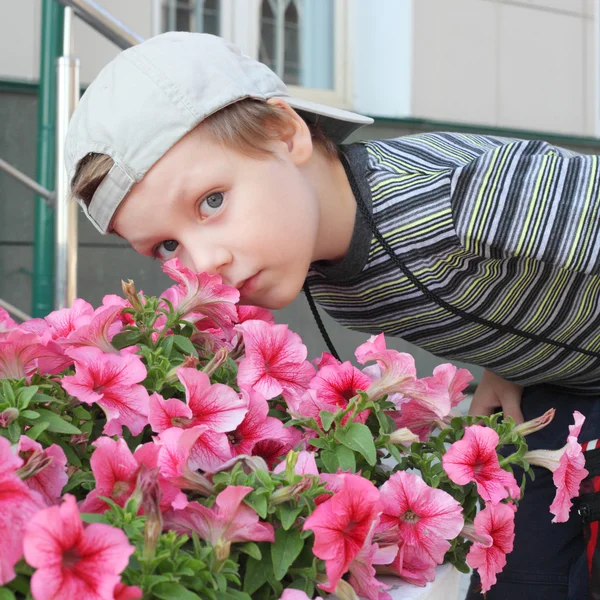 Rapaz a cheirar flores — Fotografia de Stock