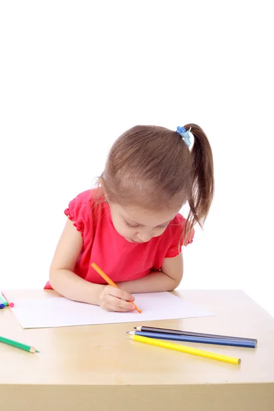 Küçük kız masanın üzerine çizim — Stok fotoğraf