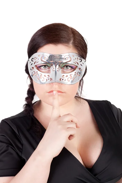 Vrouw in masker hush teken weergegeven: — Stockfoto