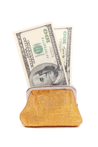 Golden purse with the dollars — Stock Photo, Image