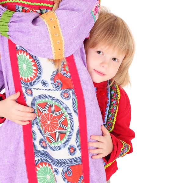 Menina e menino em roupas populares russas — Fotografia de Stock