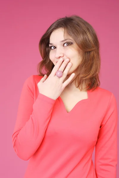 Girl wearing a ring and a red dress — Stock Photo, Image