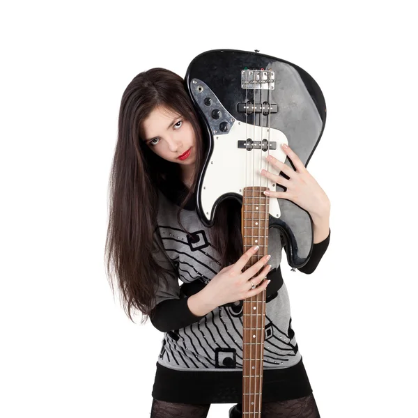 黑发女孩举行电吉他 — 图库照片