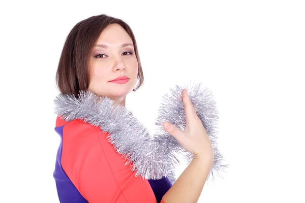Pretty woman with tinsel collar — Stock Photo, Image