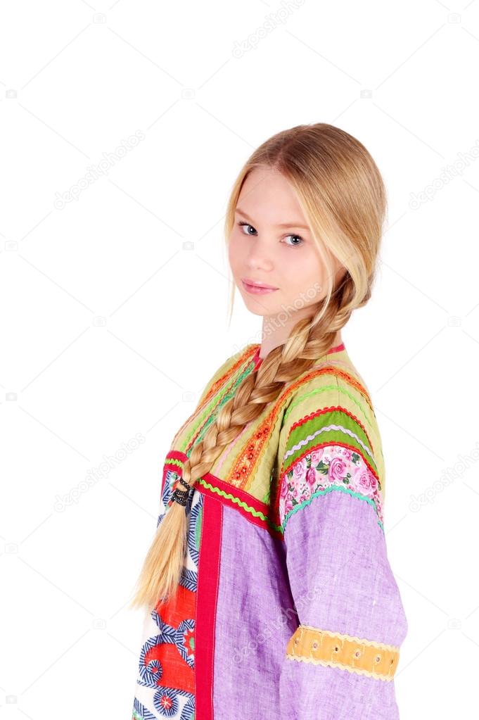 girl wearing russian folk clothes