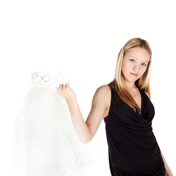 Chica joven sosteniendo velo de boda — Foto de Stock