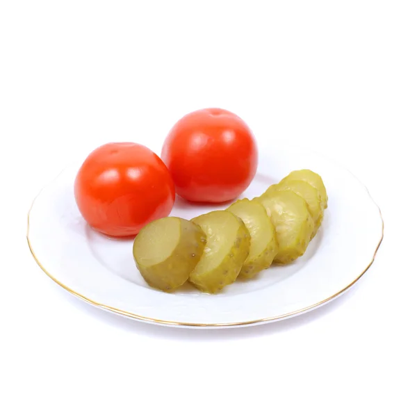 Served pickled tomatoes and cucumber — Stock Photo, Image