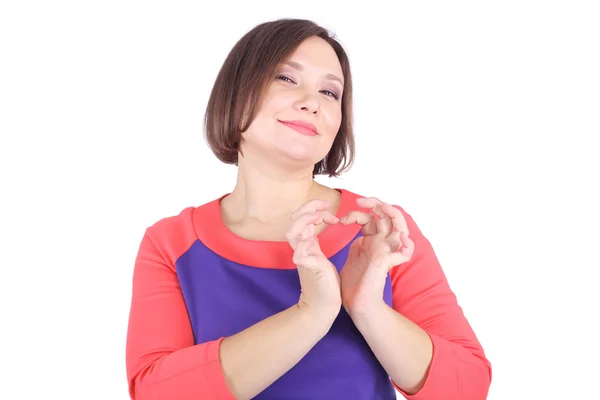 Woman with fingers heart shape — Stock Photo, Image
