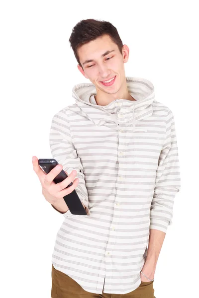 Beau jeune homme avec téléphone — Photo