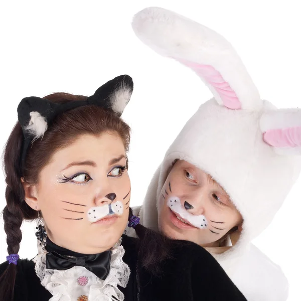 Actors in costumes of bunny and cat — Stock Photo, Image