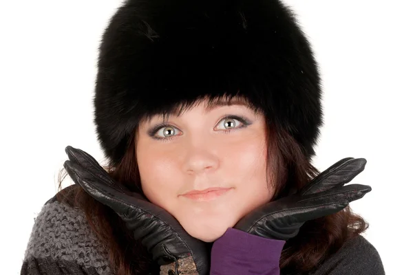 Young girl in fur cap — Stock Photo, Image