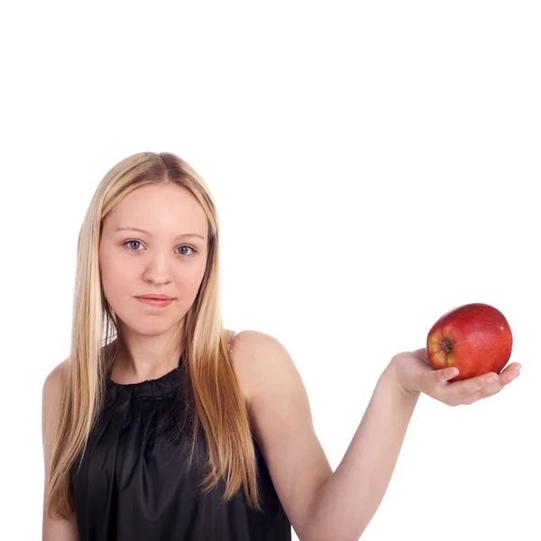 Chica rubia joven con manzana — Foto de Stock