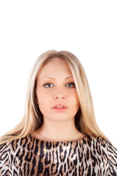 Menina loira em vestido de leopardo — Fotografia de Stock