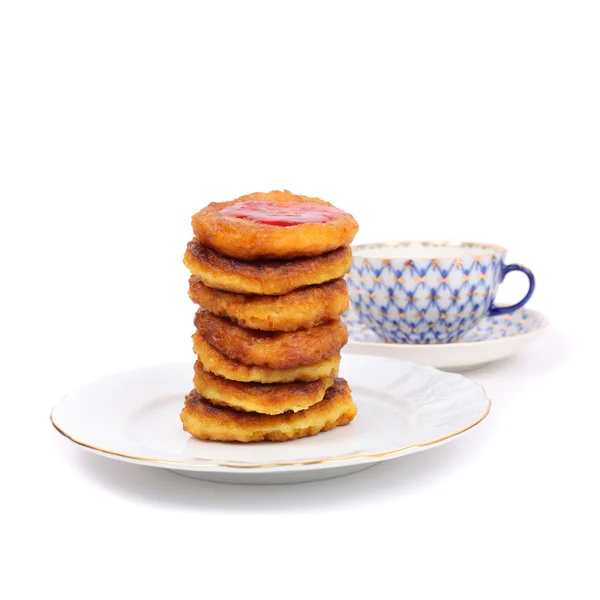 Thick pancakes and tea — Stock Photo, Image