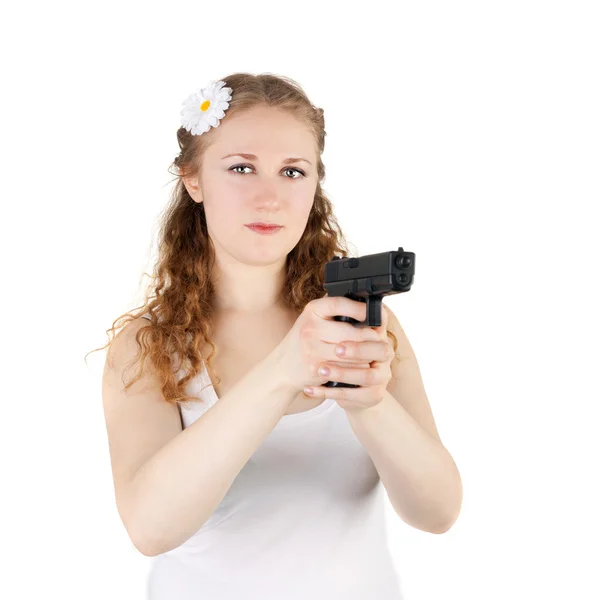 年轻漂亮的女孩，用手枪 — 图库照片