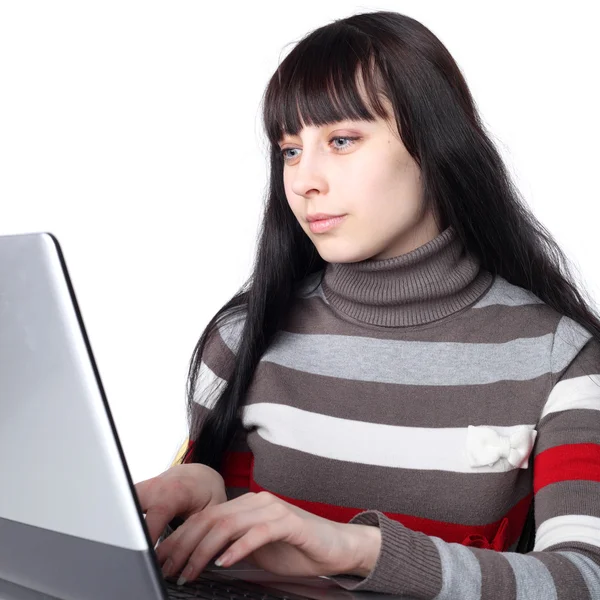 Mulher feliz com computador portátil — Fotografia de Stock