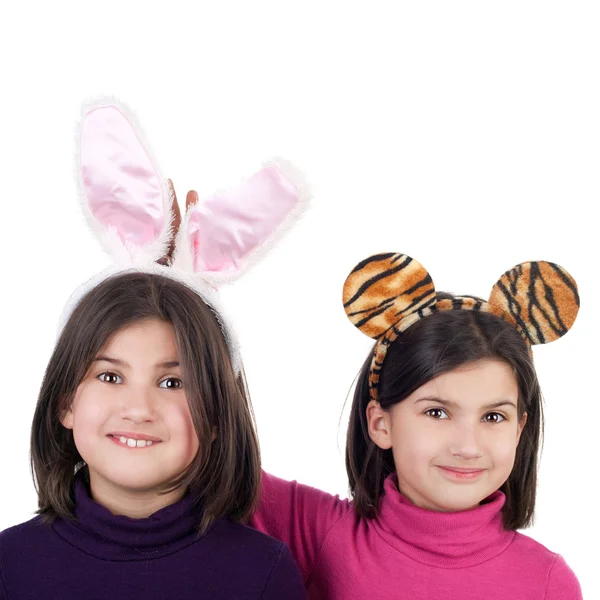 Twin sisters in hare and tiger ears — Stock Photo, Image
