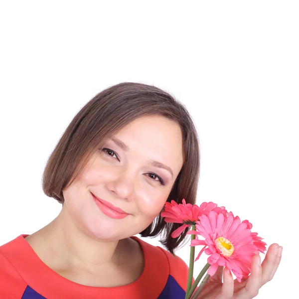 Vacker kvinna med rosa blommor — Stockfoto