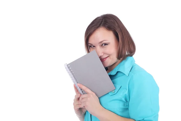 Pretty woman with grey writing book — Stock Photo, Image