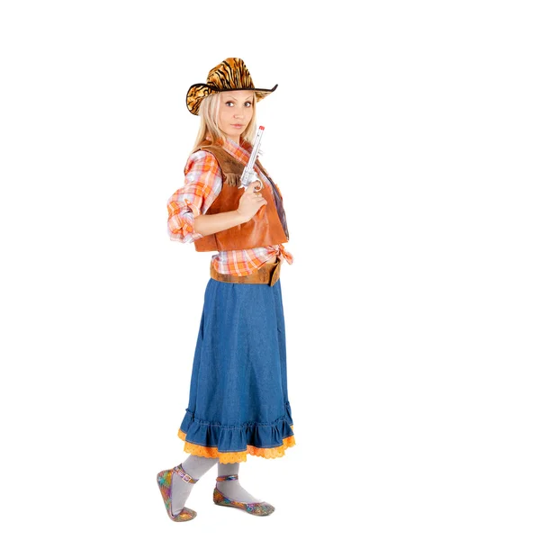 Jonge cowgirl op wit — Stockfoto