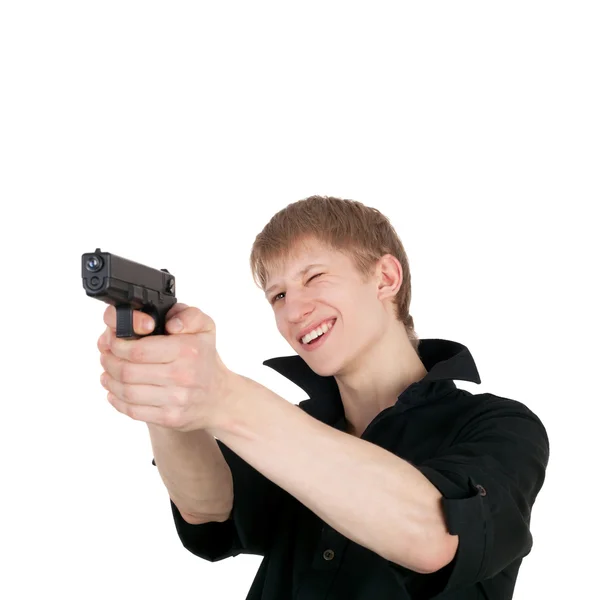 Handsome blond boy with pistol — Stock Photo, Image