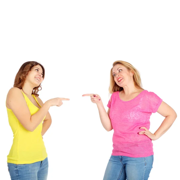 Girls pointing to each other — Stock Photo, Image