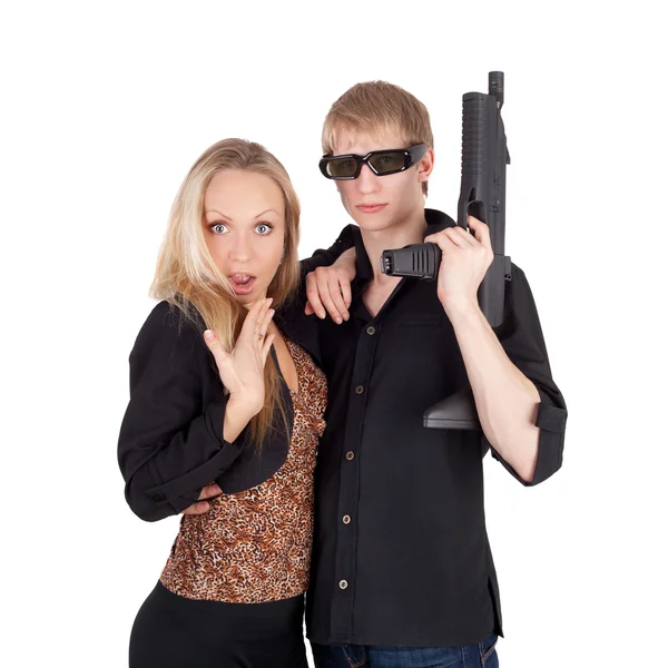 Holka a chlap se zbraní — Stock fotografie