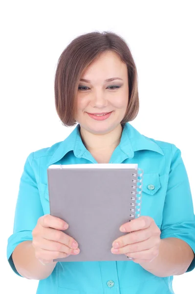 Mujer bastante joven con libro de escritura — Foto de Stock