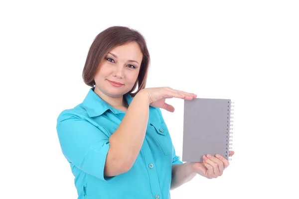 Mulher bonita com livro de escrita — Fotografia de Stock