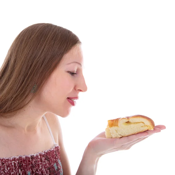 Lezzetli pasta ile genç güzel kadın — Stok fotoğraf