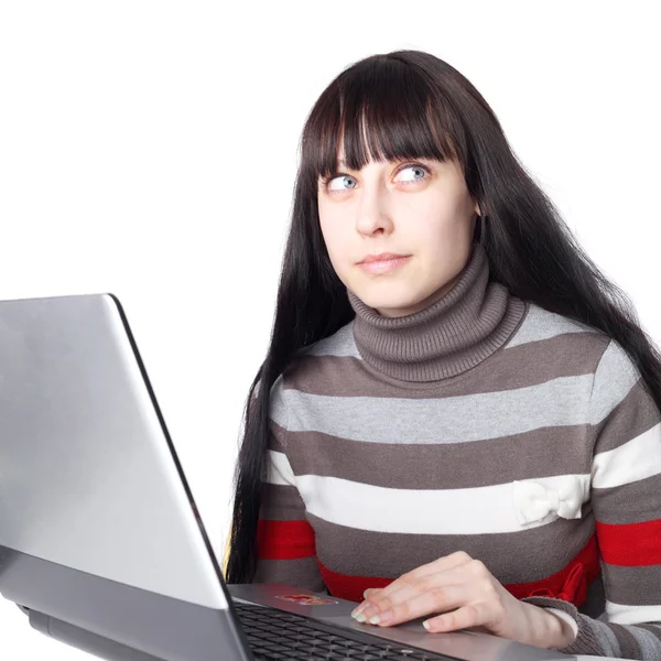 年轻女孩与便携式计算机 — 图库照片
