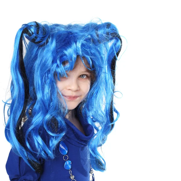 Little girl in blue wig — Stock Photo, Image