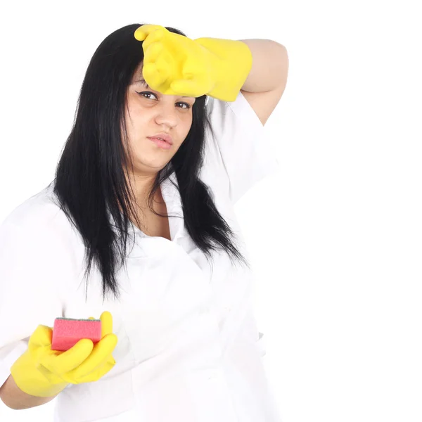 Mädchen in gelben Gummihandschuhen — Stockfoto