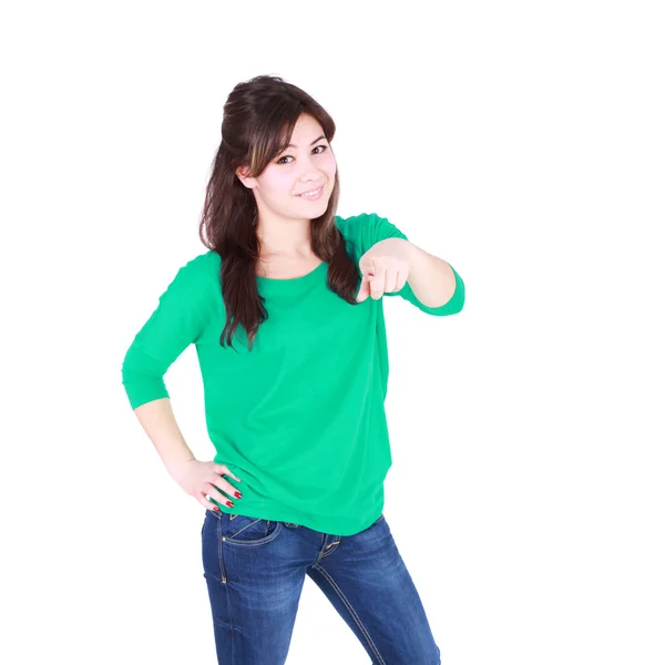 Woman pointing with her hand — Stock Photo, Image