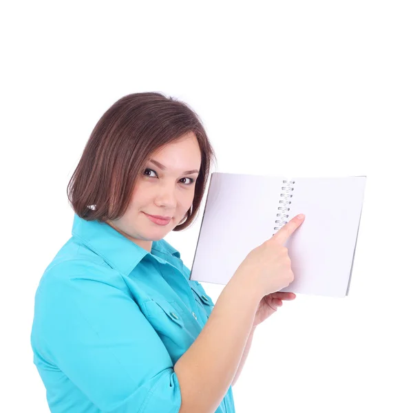 Vrouw aan te tonen het grijze schrijven boek — Stockfoto