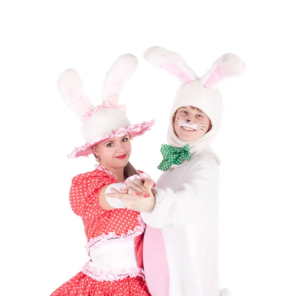 Aktorzy taniec w strojach króliczków — Zdjęcie stockowe