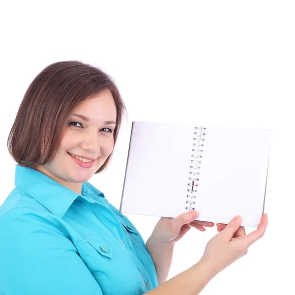 Vrouw aan te tonen het grijze schrijven boek — Stockfoto