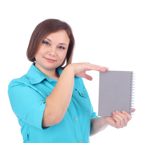 Mulher com o livro de escrita cinza — Fotografia de Stock