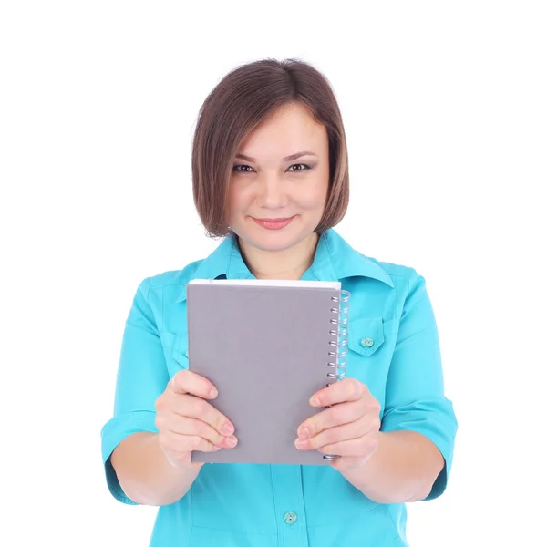 Woman with the grey writing book — Stock Photo, Image