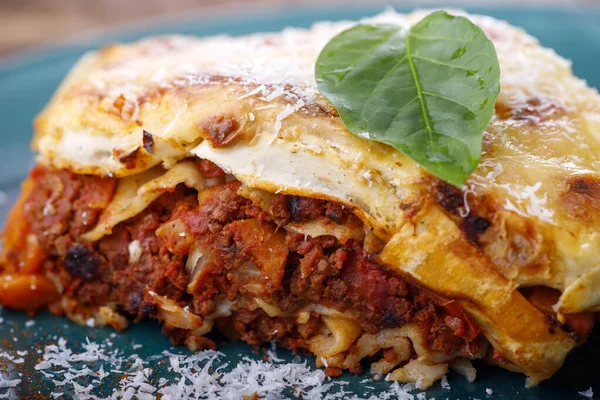 Portion Italian Lasagna Blue Plate — Stock Photo, Image