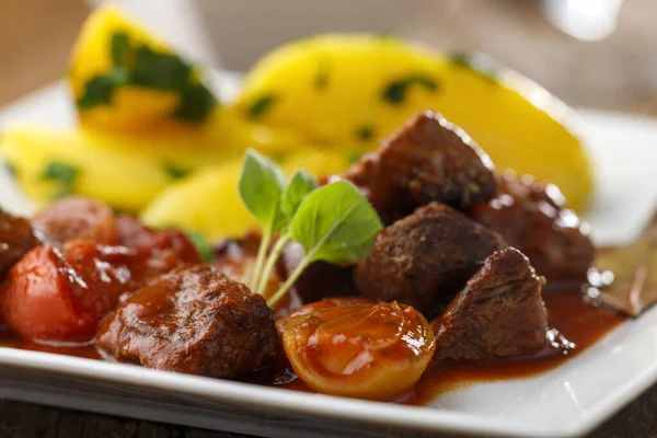 Greek Stifado Meat Stew Potatoes — Stock Photo, Image