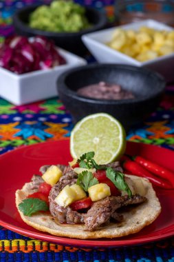 Meksika usulü salsa ve malzemeli tortilla.