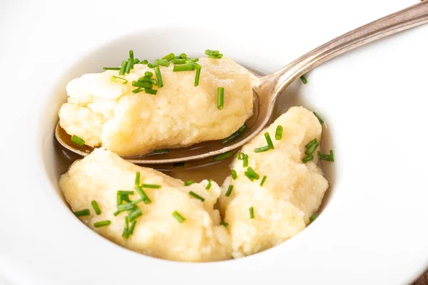 Närbild Semolina Dumplings Buljong — Stockfoto