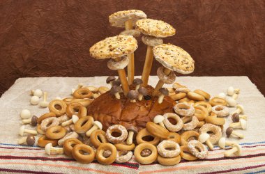 Natürmort, hamur işleri ve simit.