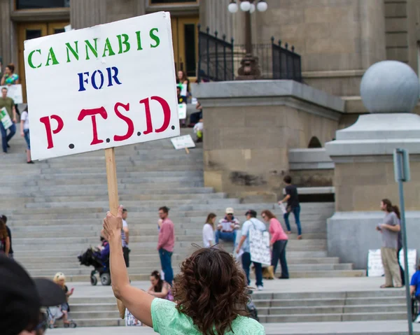 Boise, Idaho/Abd - 7 Mayıs 2016: Boise, Idaho'daki Küresel Esrar Yürüyüşü için Ptsd hastaları için esrara destek işareti gösteren kadın