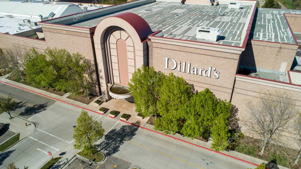 BOISE, IDAHO - APRIL 28 2021: Aerial view of the Dillards store at the Bosie Mall with a mostly empty parking lot during the covid pandemic
